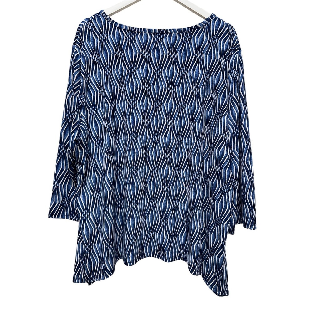 Alfred Dunner Women's Size 2X Stretch Fit Top Blue White 3/4 Sleeve Keyhole Neck - Picture 4 of 8